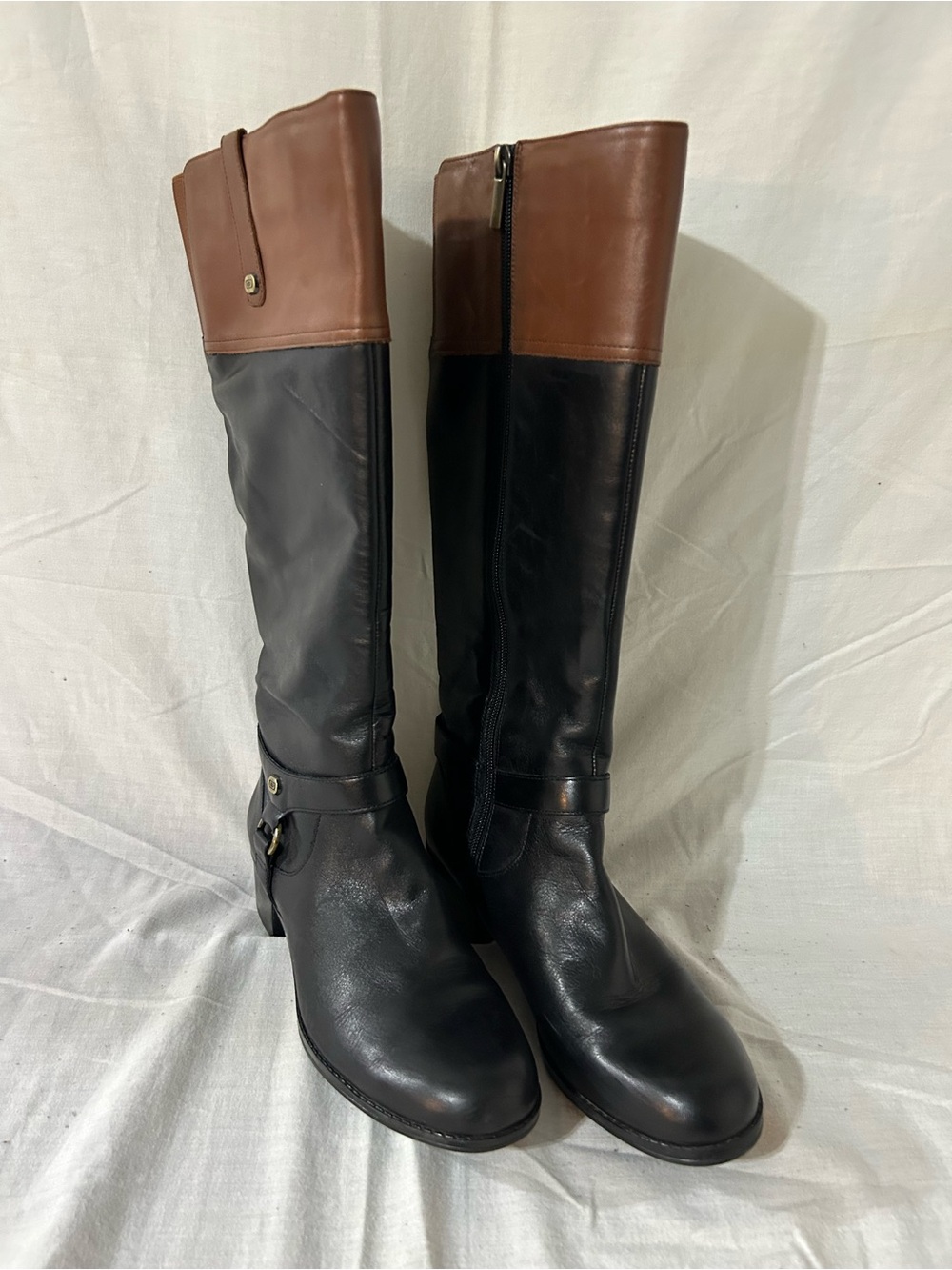 Bandolino Calliope Black Cognac Leather Tall Riding Boots Buckle Zip Sz 7.5